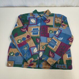 Teddi Petite XL Fleece Jacket Multicolored Leaf & Geometric Pattern Shoulder Pad